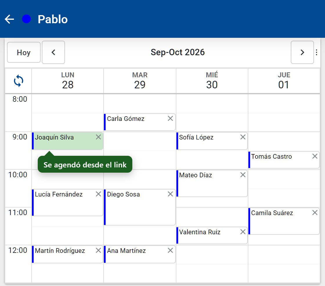 La agenda con la cita que se agendó el paciente desde el link, en verde