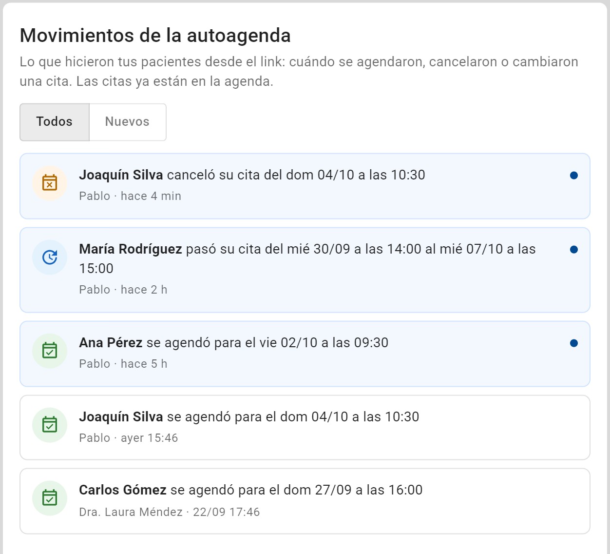 El panel de movimientos de la autoagenda